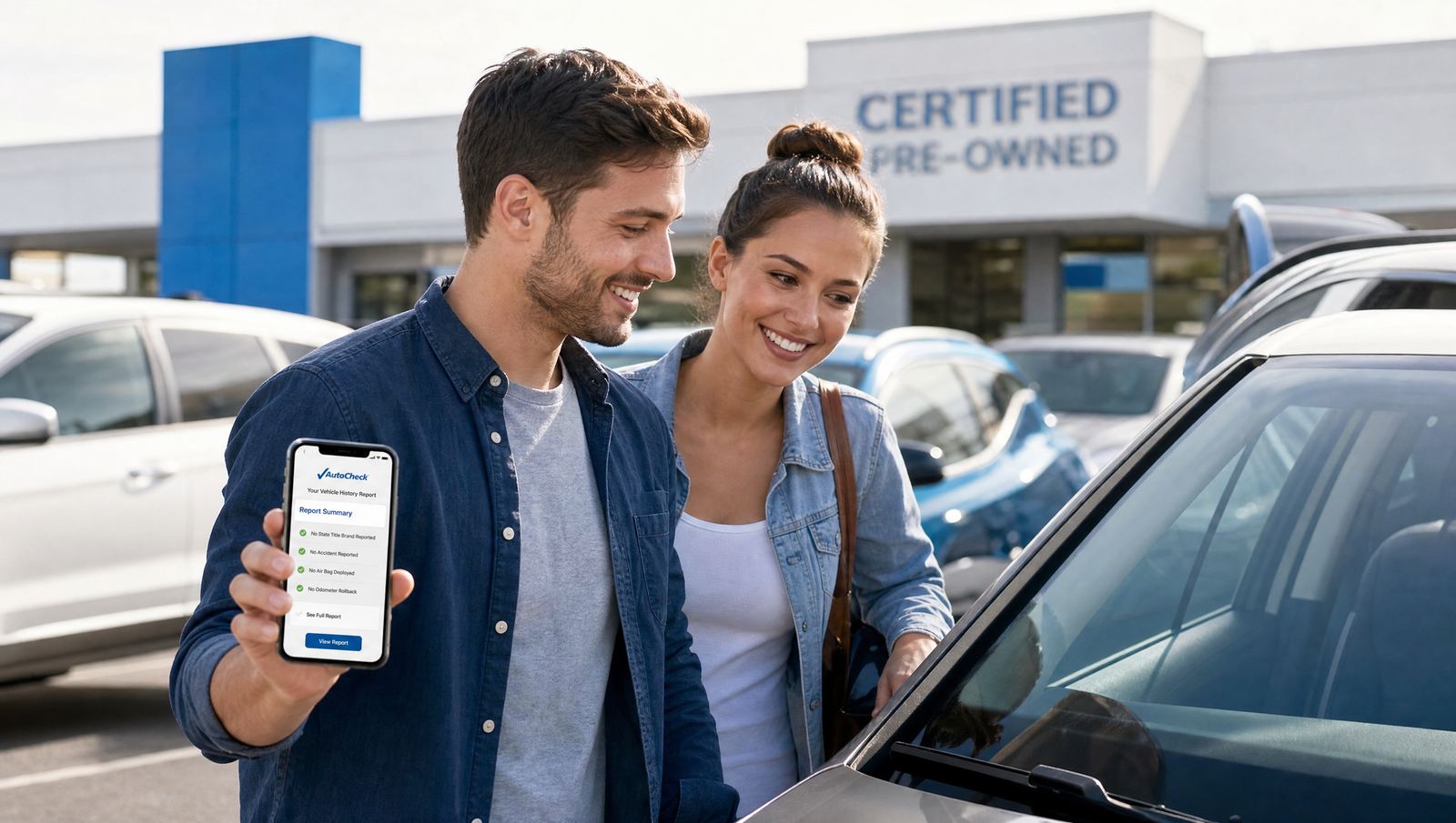 A couple at a dealership checking a used car's history report on a phone